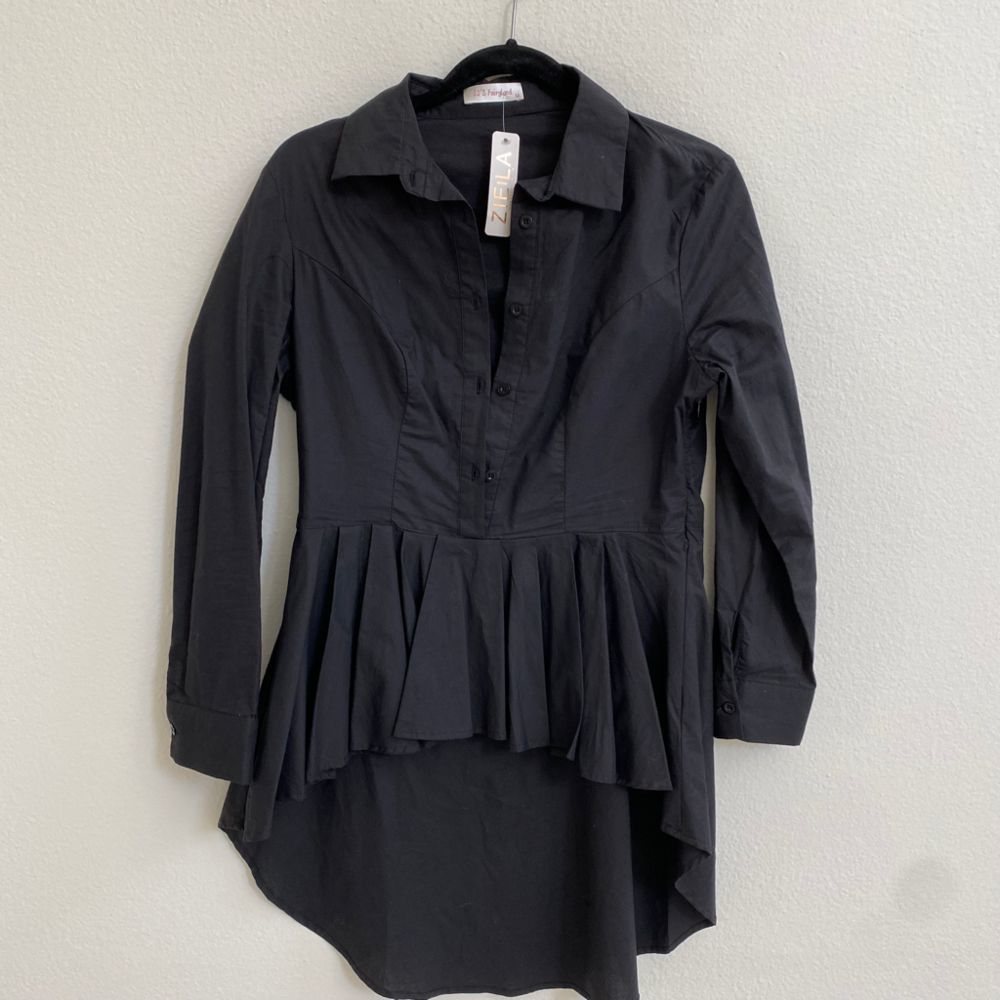 Zie Boutique Black Button Up Collared Peplum Top in Womens Size Medium